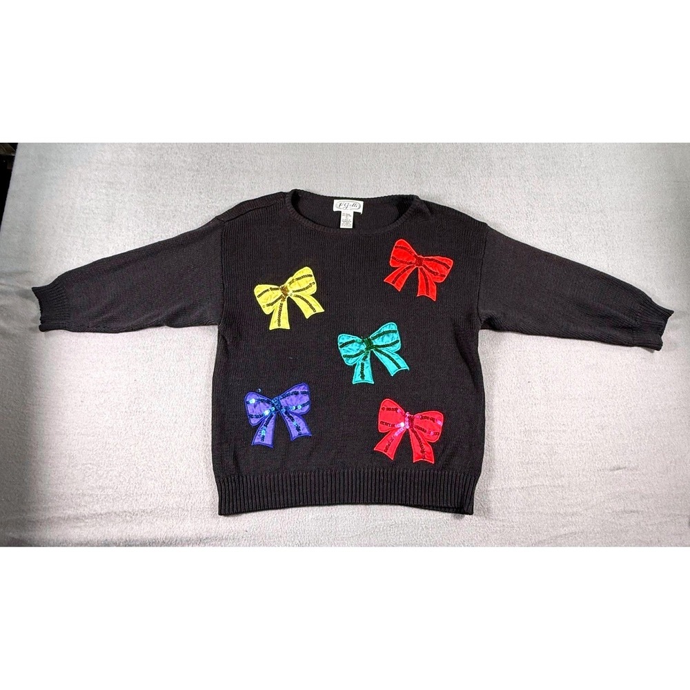 VTG P Galli Bow Sweater Sequin Applique Ramie Cotton Black Womens‎ L Novelty